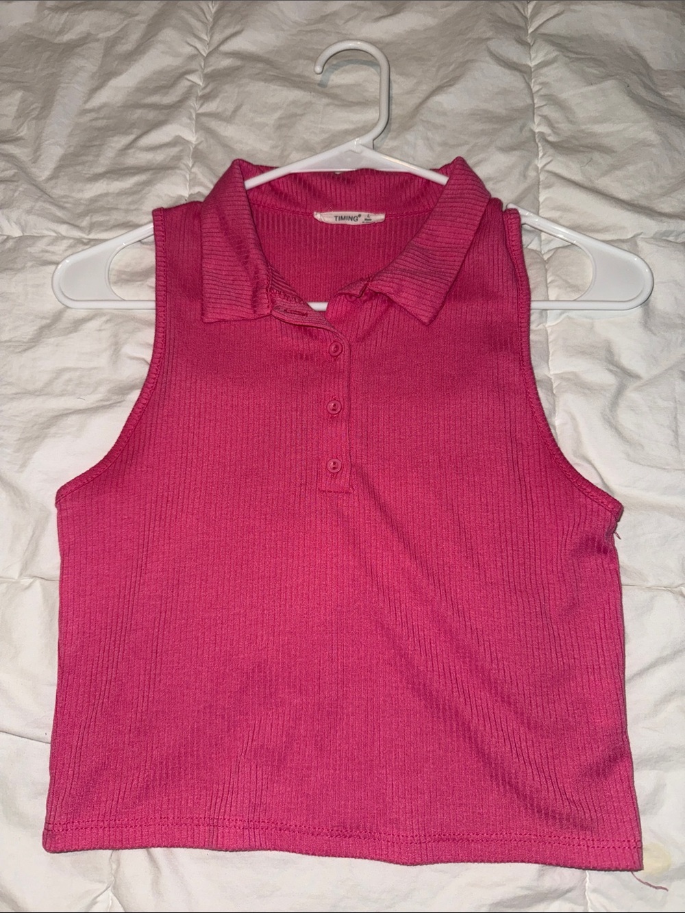 Timing Hot Pink Ribbed Sleeveless Polo Crop Top